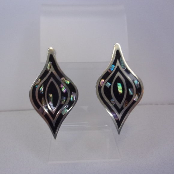 Southwest Style Shell Inlay Silver Pierced Earrings Mexico - Picture 2 of 8